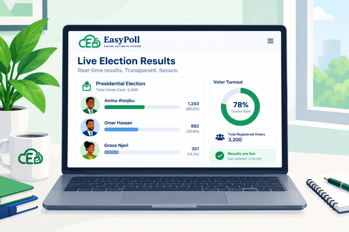 Illustration of the EasyPoll ballot open on a laptop: candidates listed with a single tap to cast a vote.